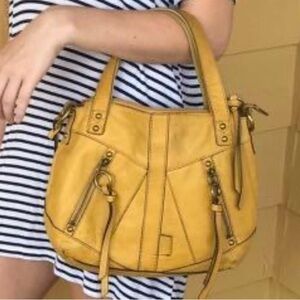 Fossil Mustard Yellow Double Strap Distressed Leather Satchel Purse